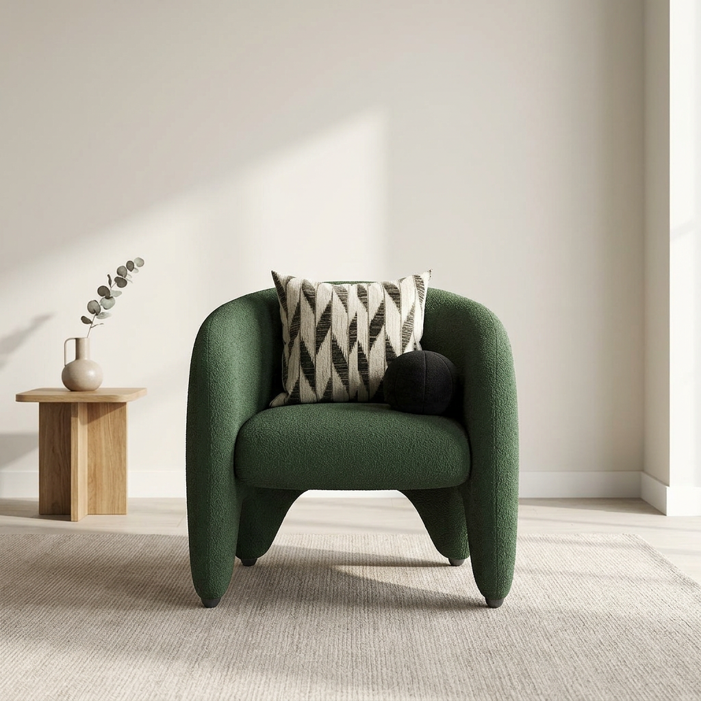 Verdelle dark green bouclé armchair, front view in a neutral living room
