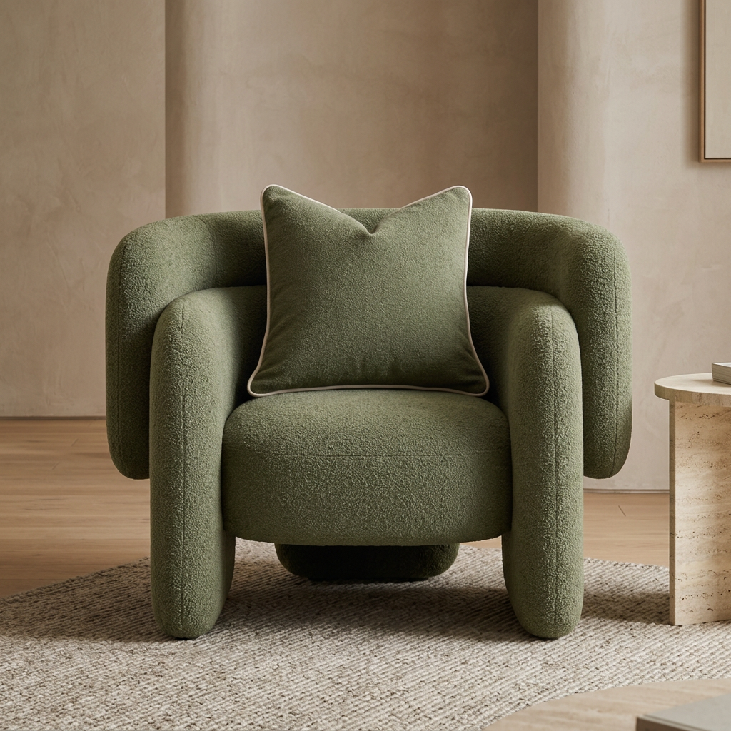 Riva olive green bouclé armchair front view in a contemporary living room