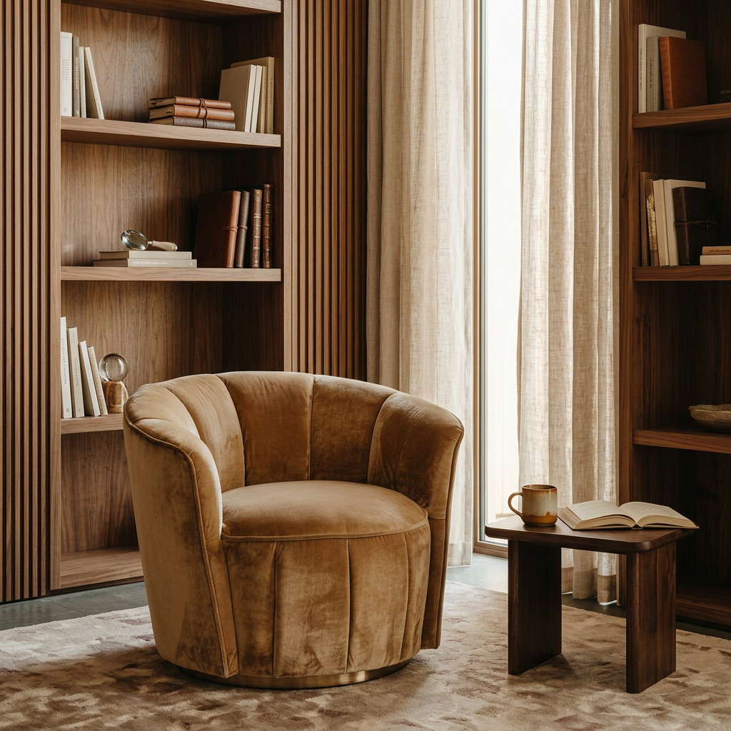 Tavelle mustard fluted barrel armchair in a warm reading room