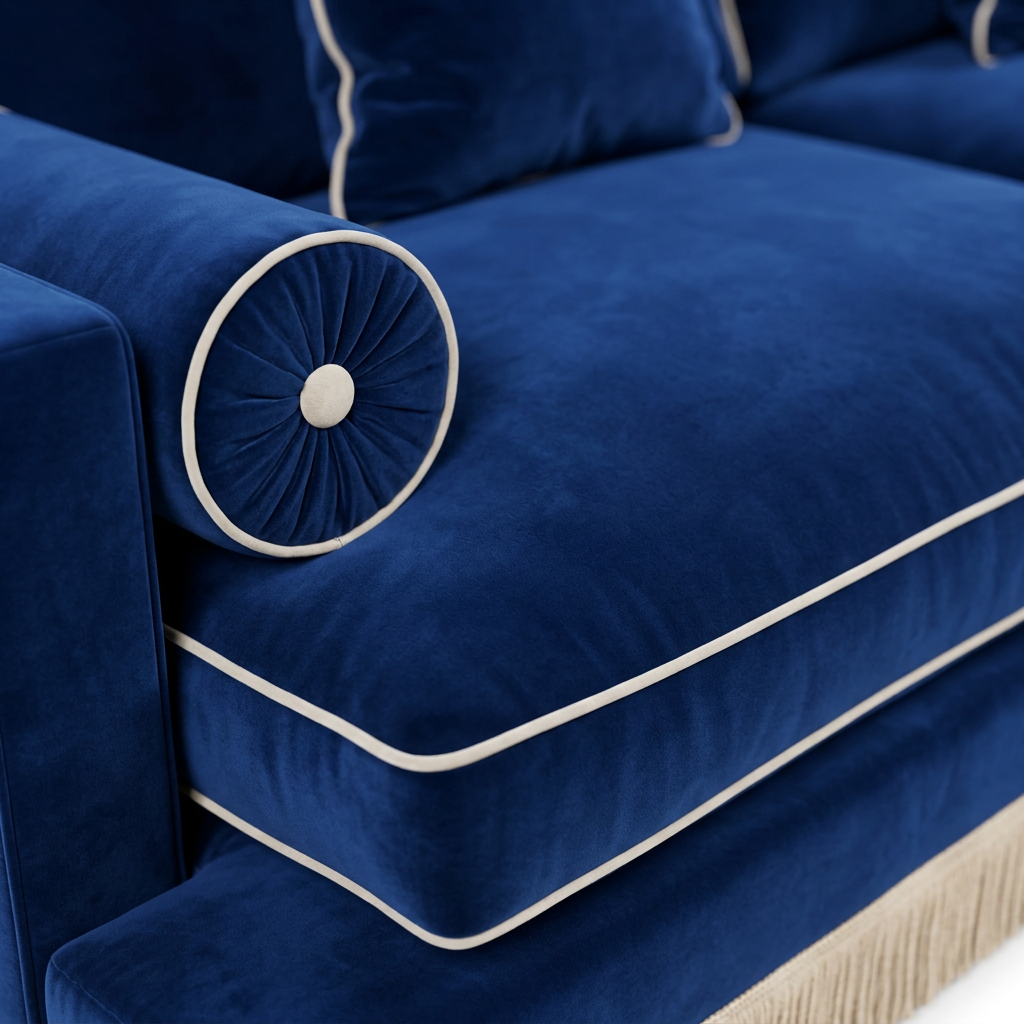AI-generated Amélie navy velvet fabric close-up with cream piping