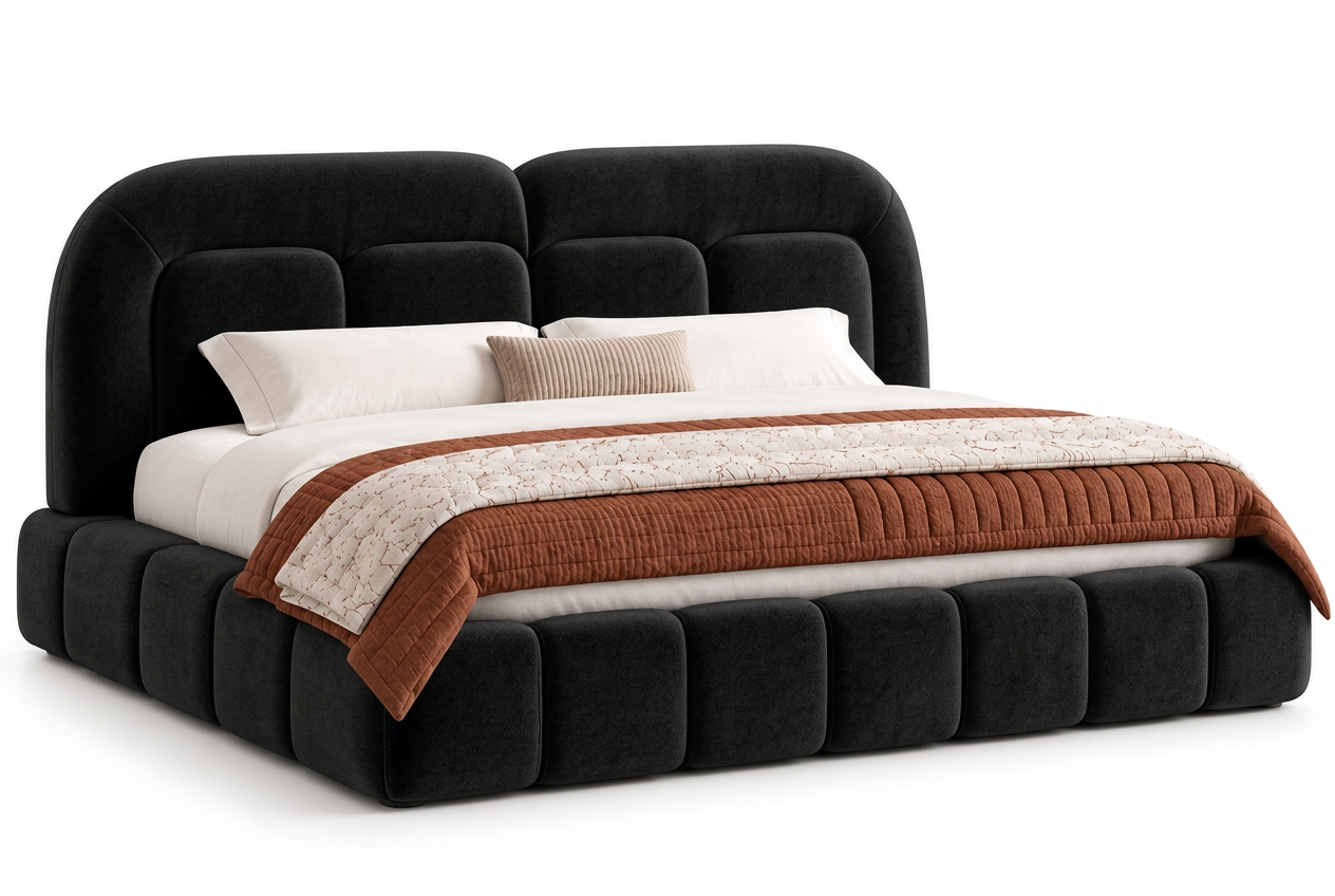 Velaro black upholstered bed, angled view with refined fabric texture