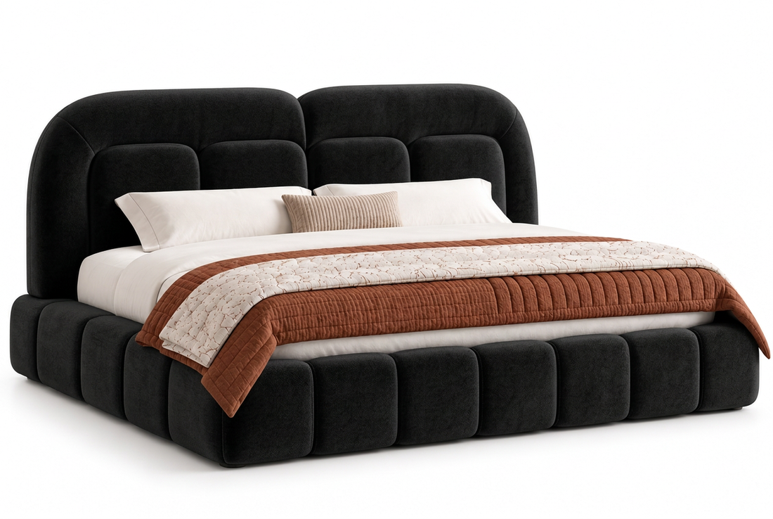 Velaro black upholstered bed, angled view with refined fabric texture