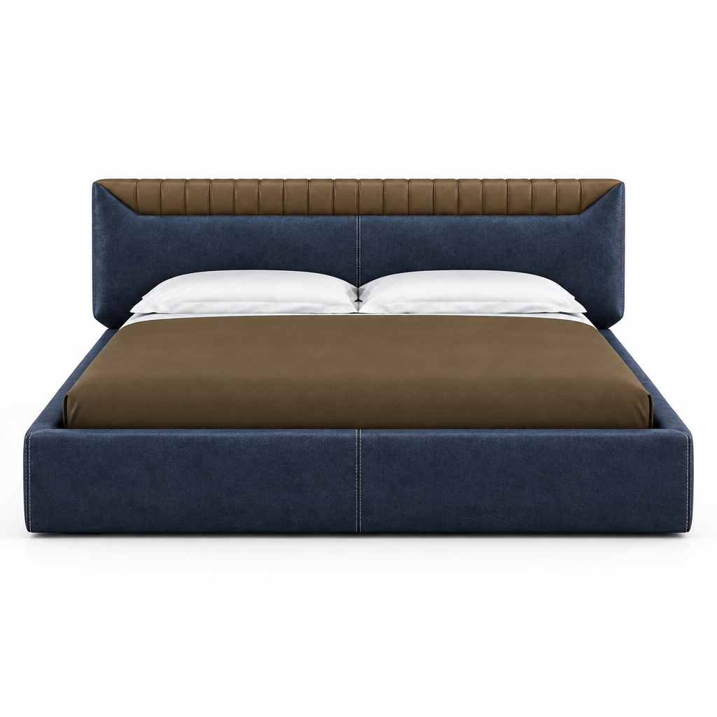 Side view of the Libra leather bed showing the headboard profile and upholstered rails
