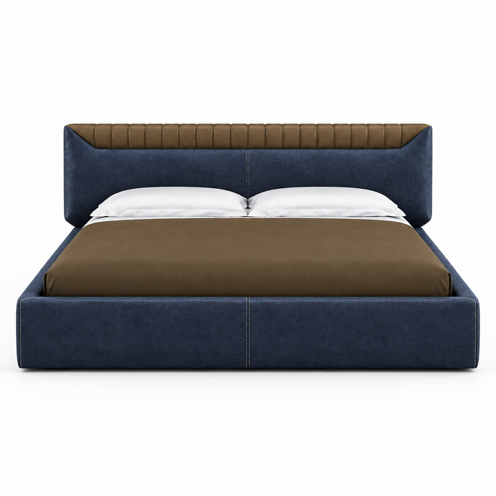 Side view of the Libra leather bed showing the headboard profile and upholstered rails