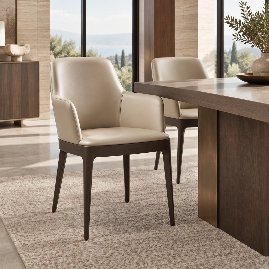 Alden dining armchair styled in a luxury modern dining room
