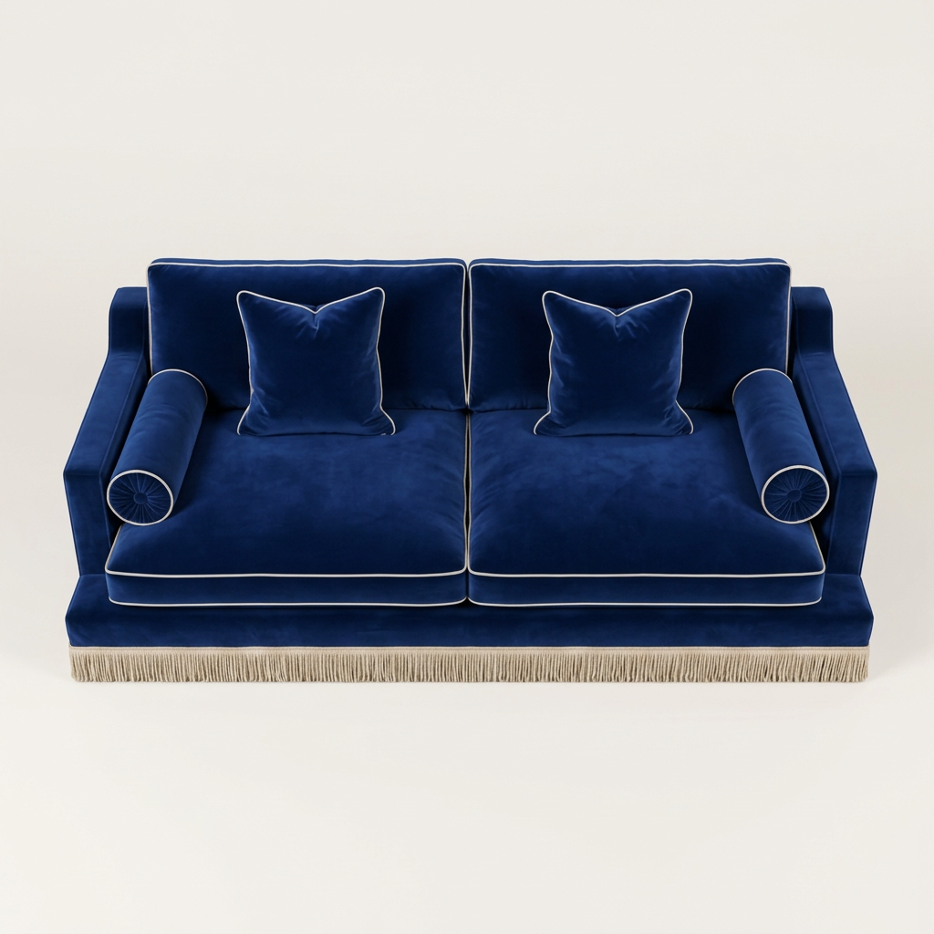 AI-generated top-angle view of Amélie navy velvet fringe sofa