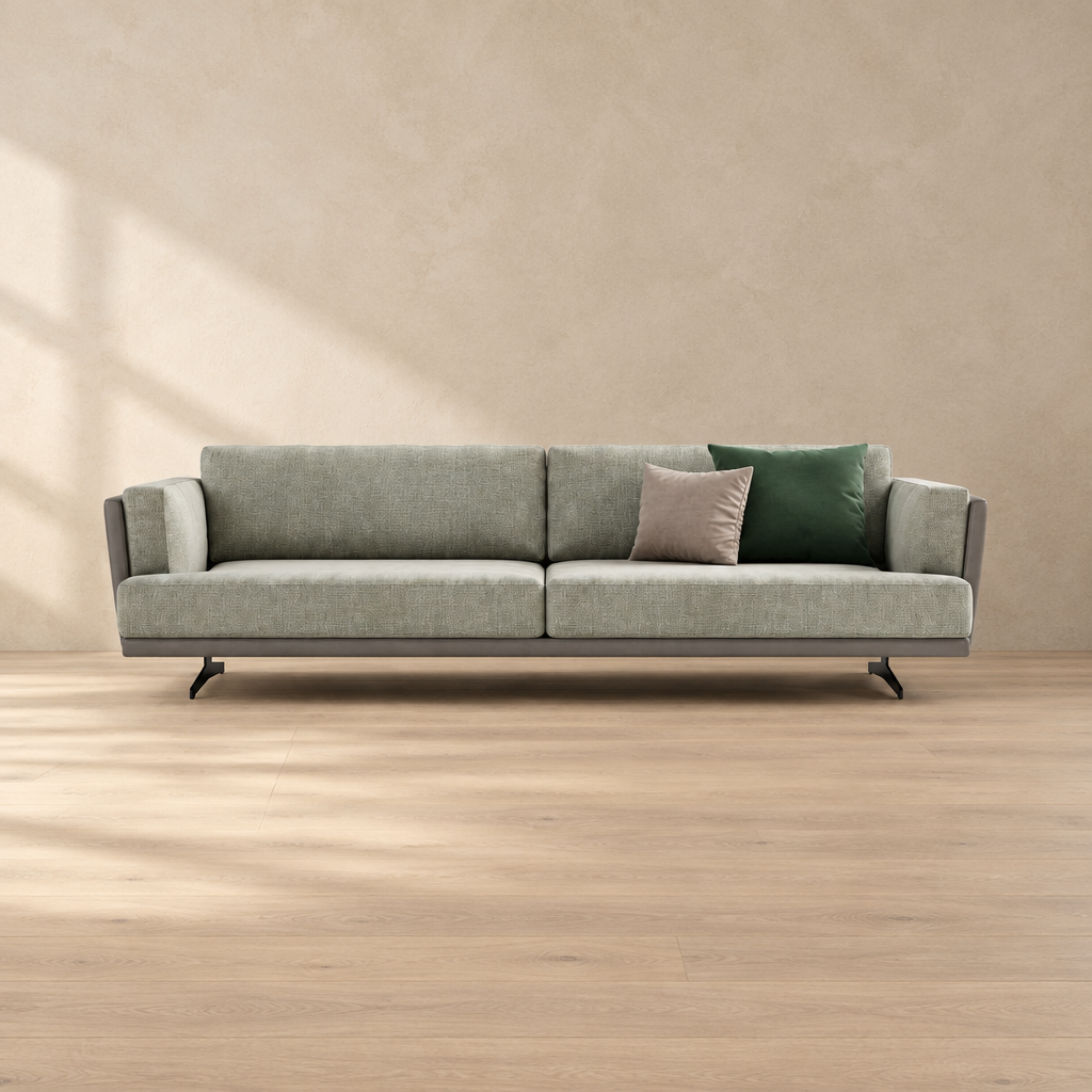 Lior pistachio and gray fabric-and-leather sofa front view