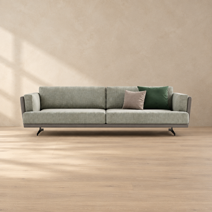 Lior pistachio and gray fabric-and-leather sofa front view