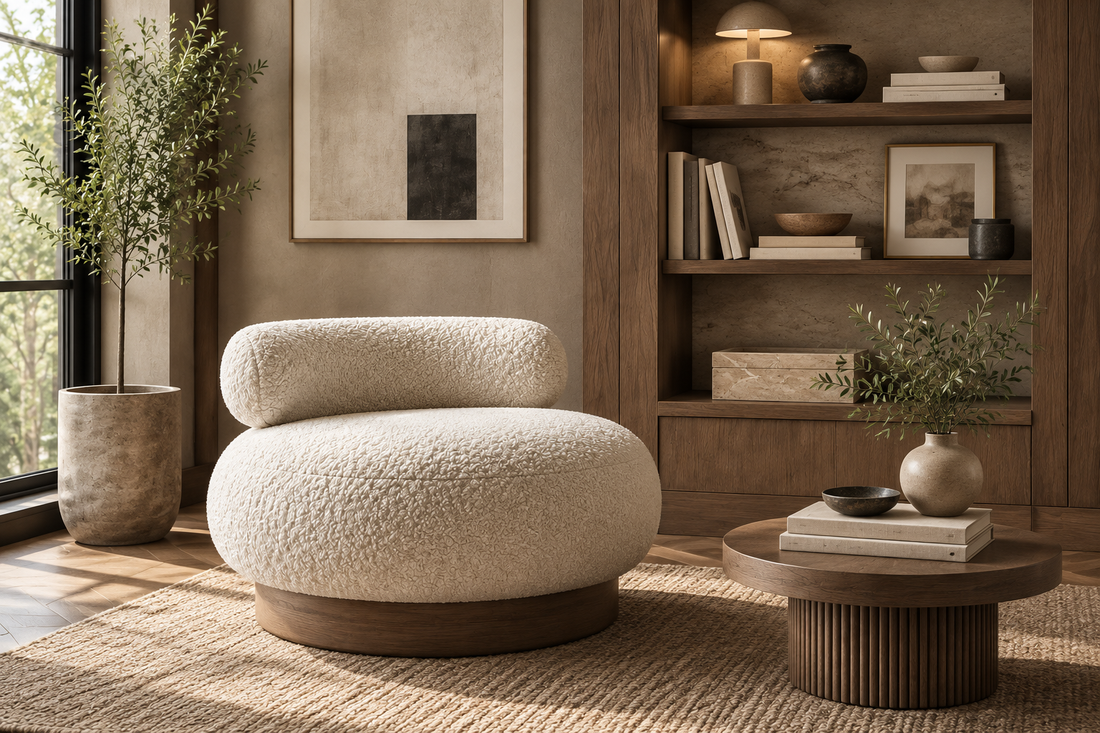 Mira Pebble Bouclé Chair styled in a luxury living room