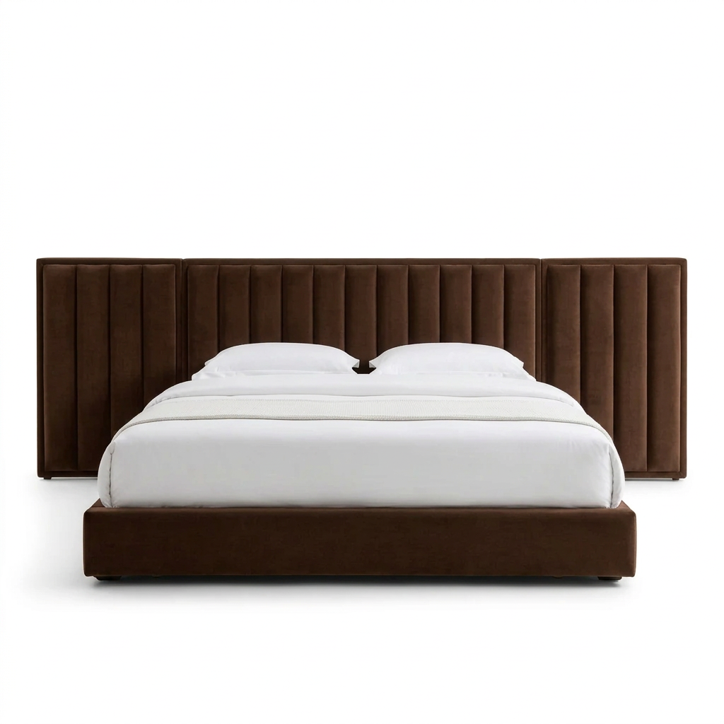 Tower channel-tufted upholstered bed in brown, front view