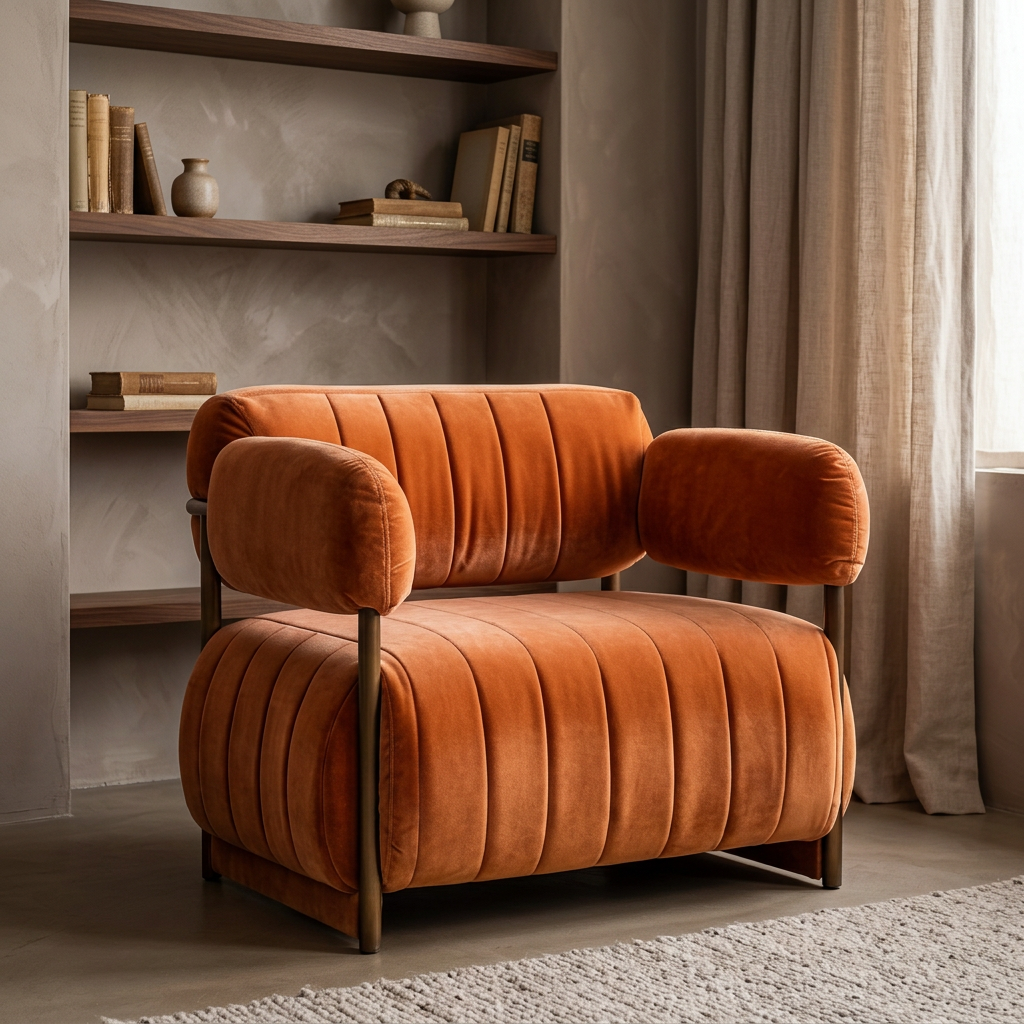 Rovelle orange velvet armchair in a warm reading corner