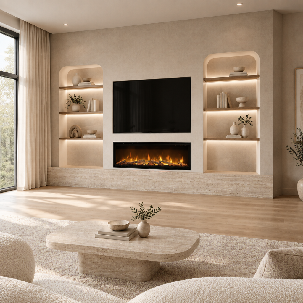 Verona Bespoke TV Media Wall in the matching modern living room, angled view