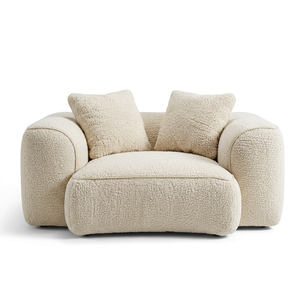 Front view of Liora ivory curved upholstered armchair with two cushions on white