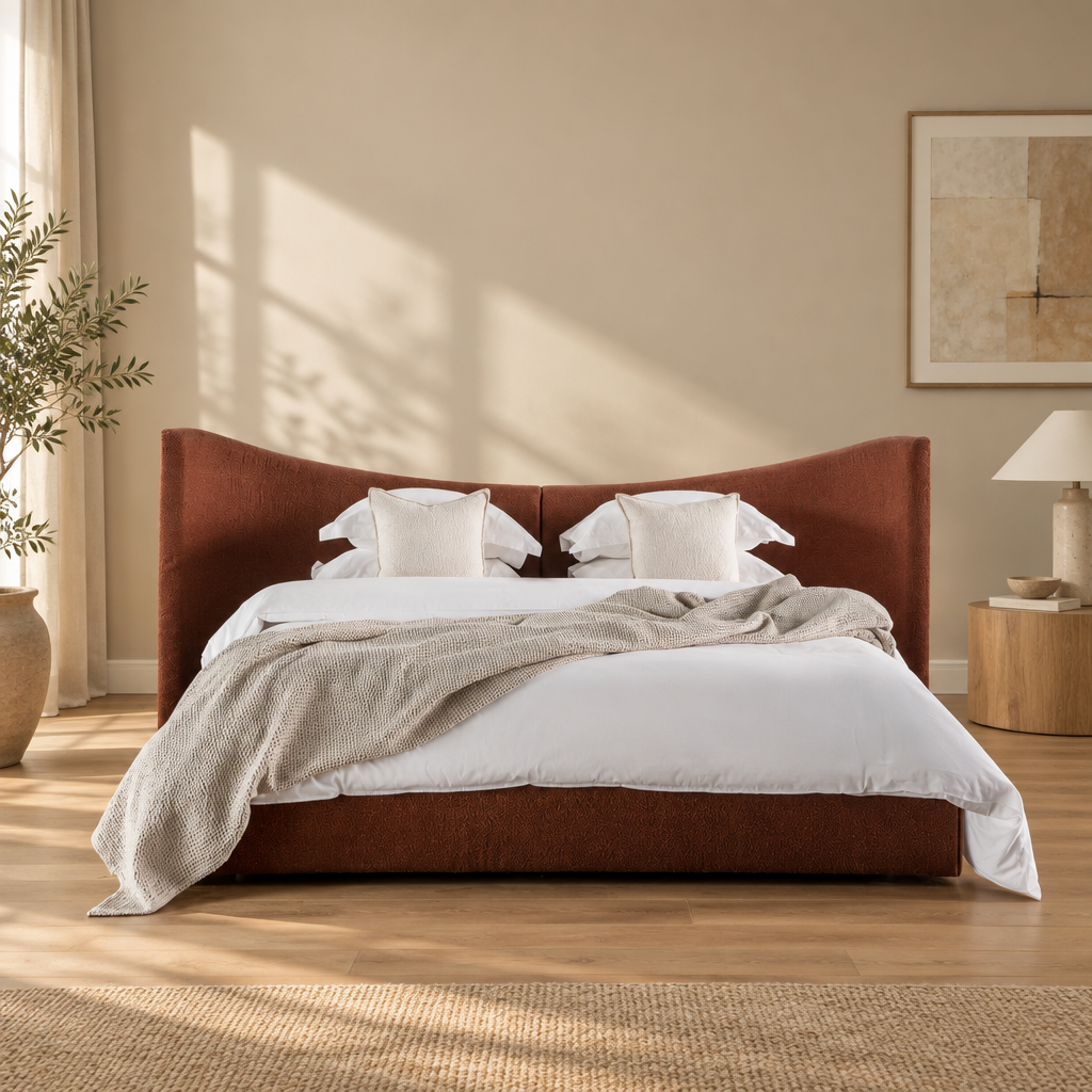 Wingback bed in a warm beige and wood interior