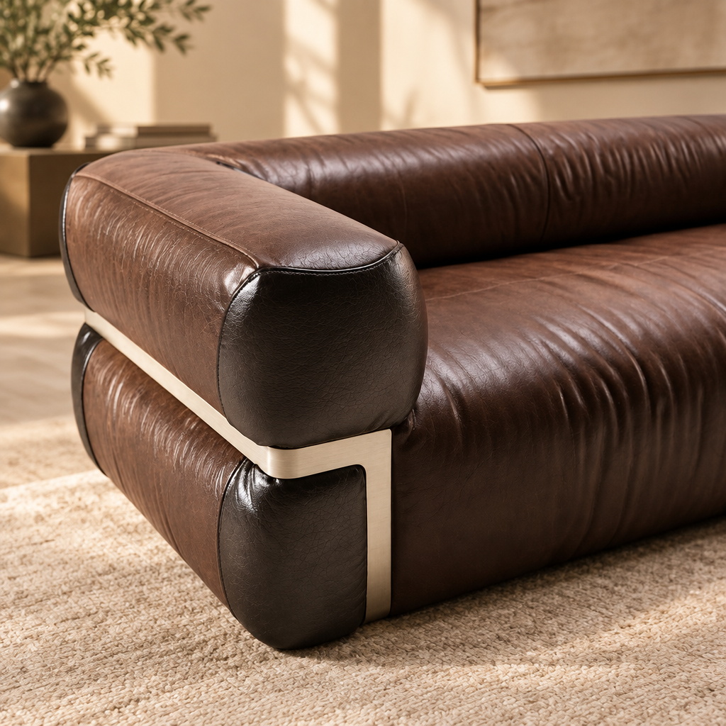 Doren leather arm and metal accent detail