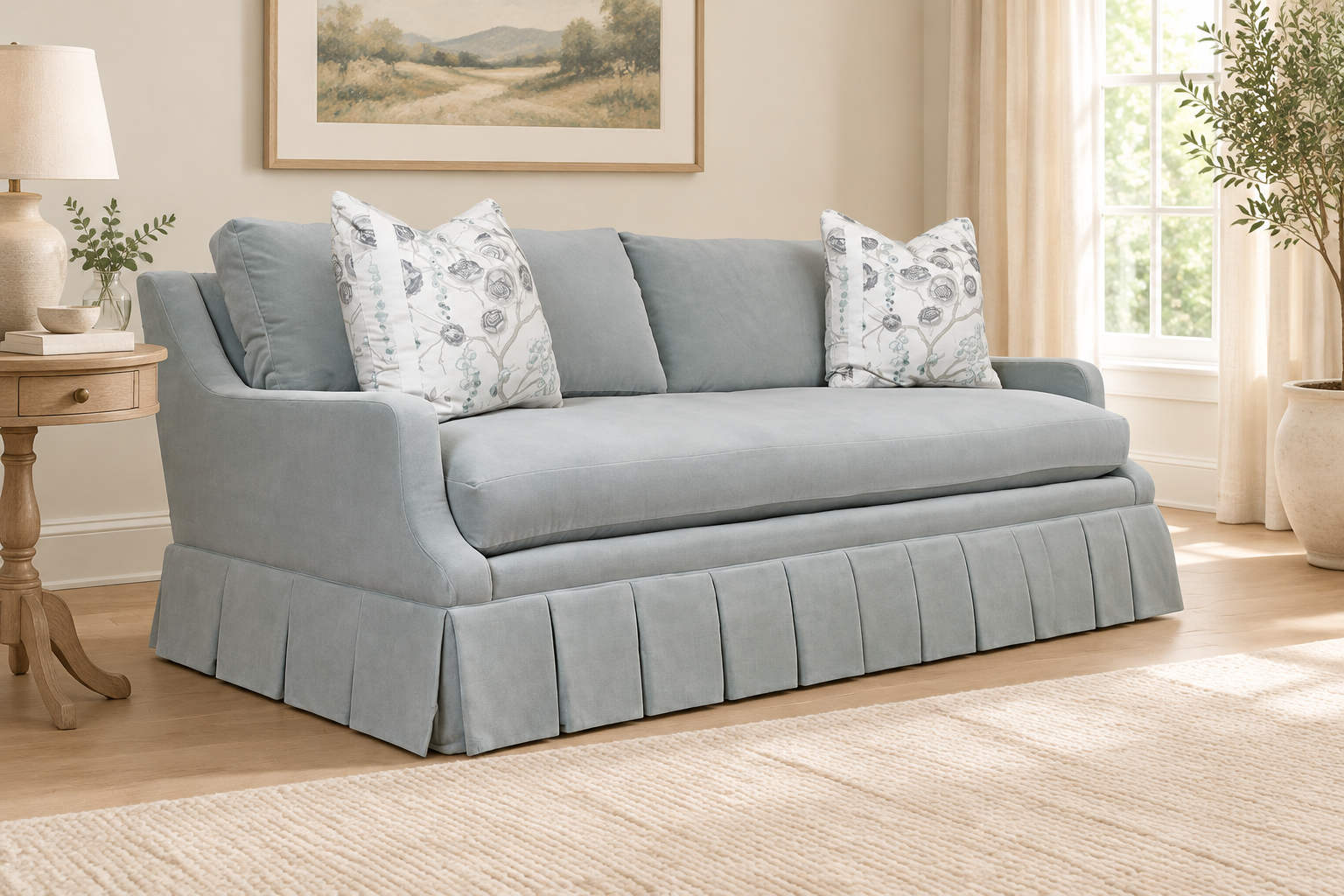 Abingdon Skirted Sofa styled in a warm neutral living room