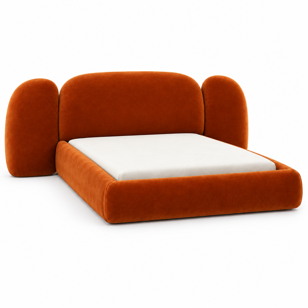 Orin upholstered bed, elevated angled view