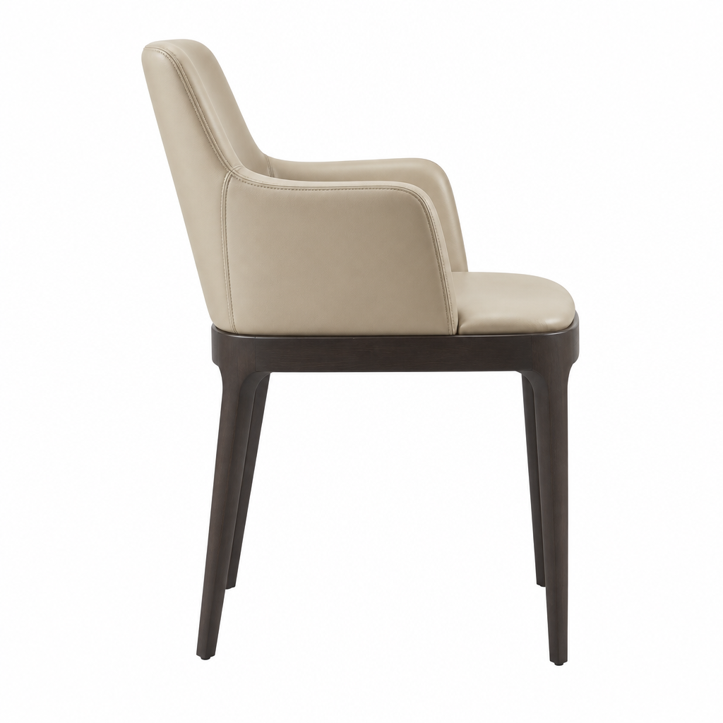 Alden beige leather dining armchair side view on white