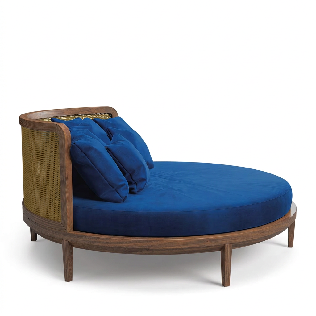 Orvello round wood bed, left side view on white