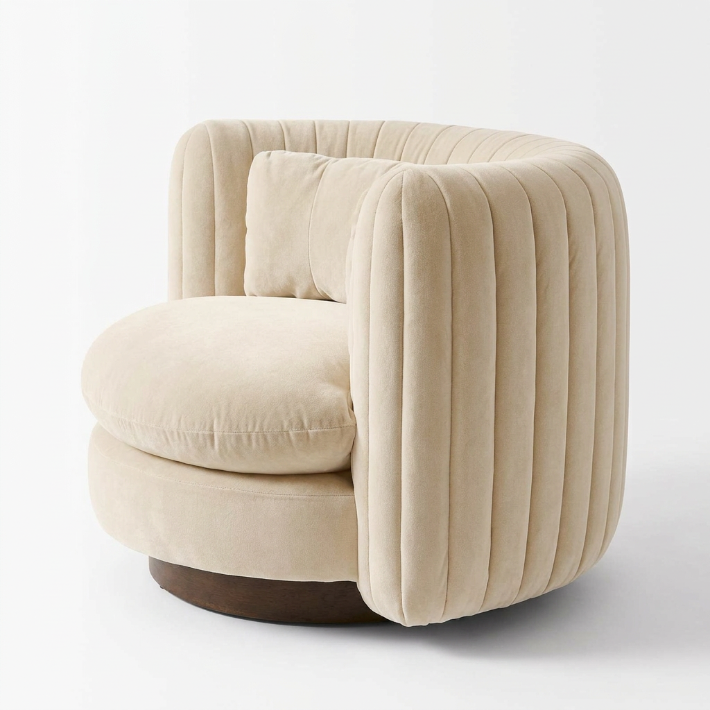 AI-reconstructed right three-quarter view of Solenne channelled velvet armchair on white