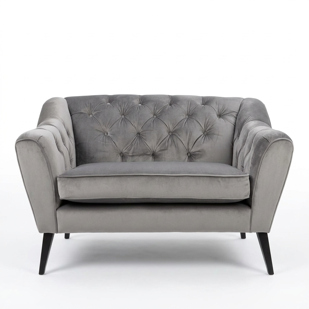Corvelle grey tufted velvet armchair, front view on white