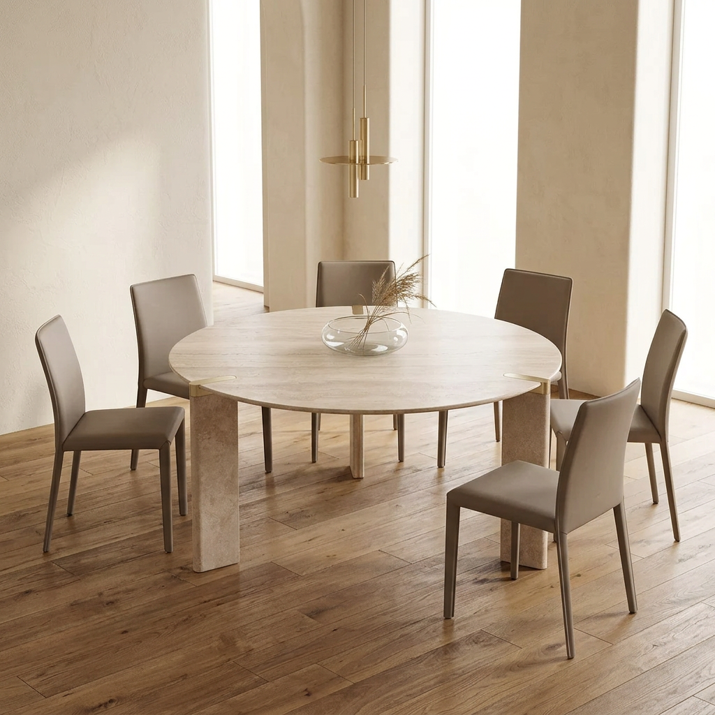 Elvara beige round dining table styled in a dining room with six taupe chairs