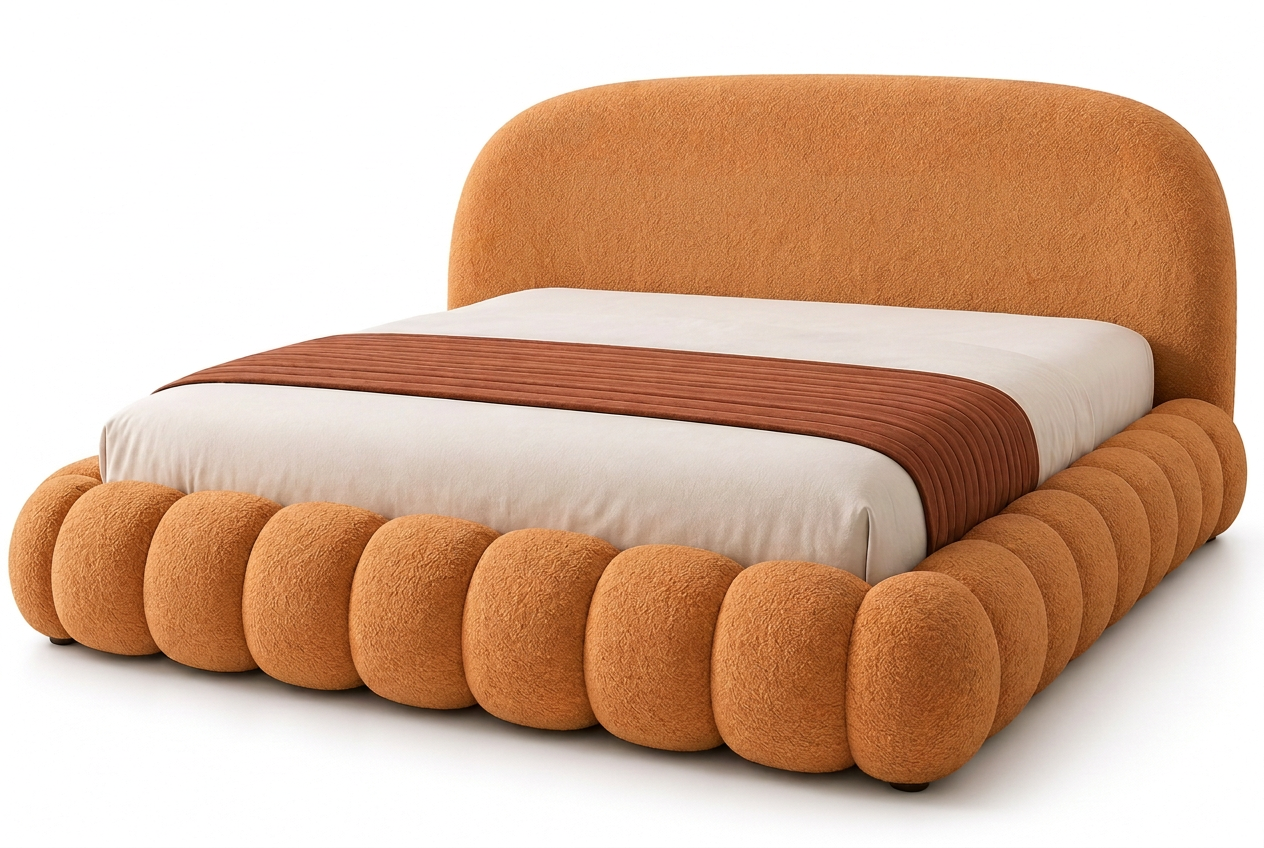 Mirea orange boucle bed without pillows, showing the full curved headboard