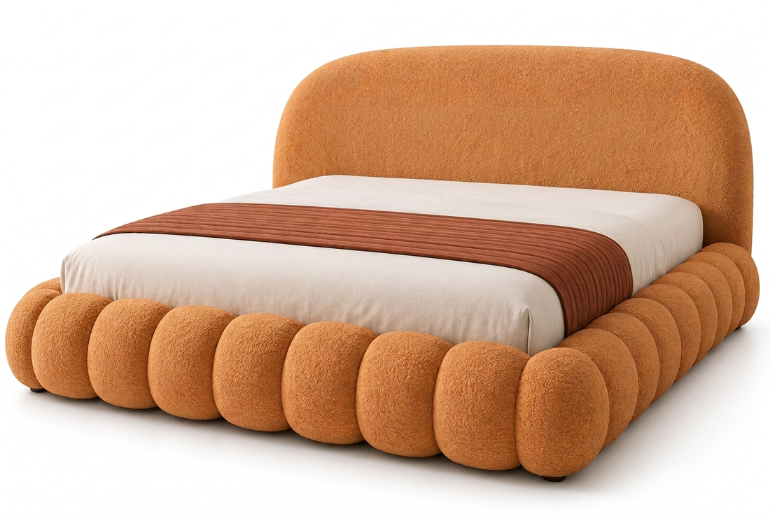 Mirea orange boucle bed without pillows, showing the full curved headboard