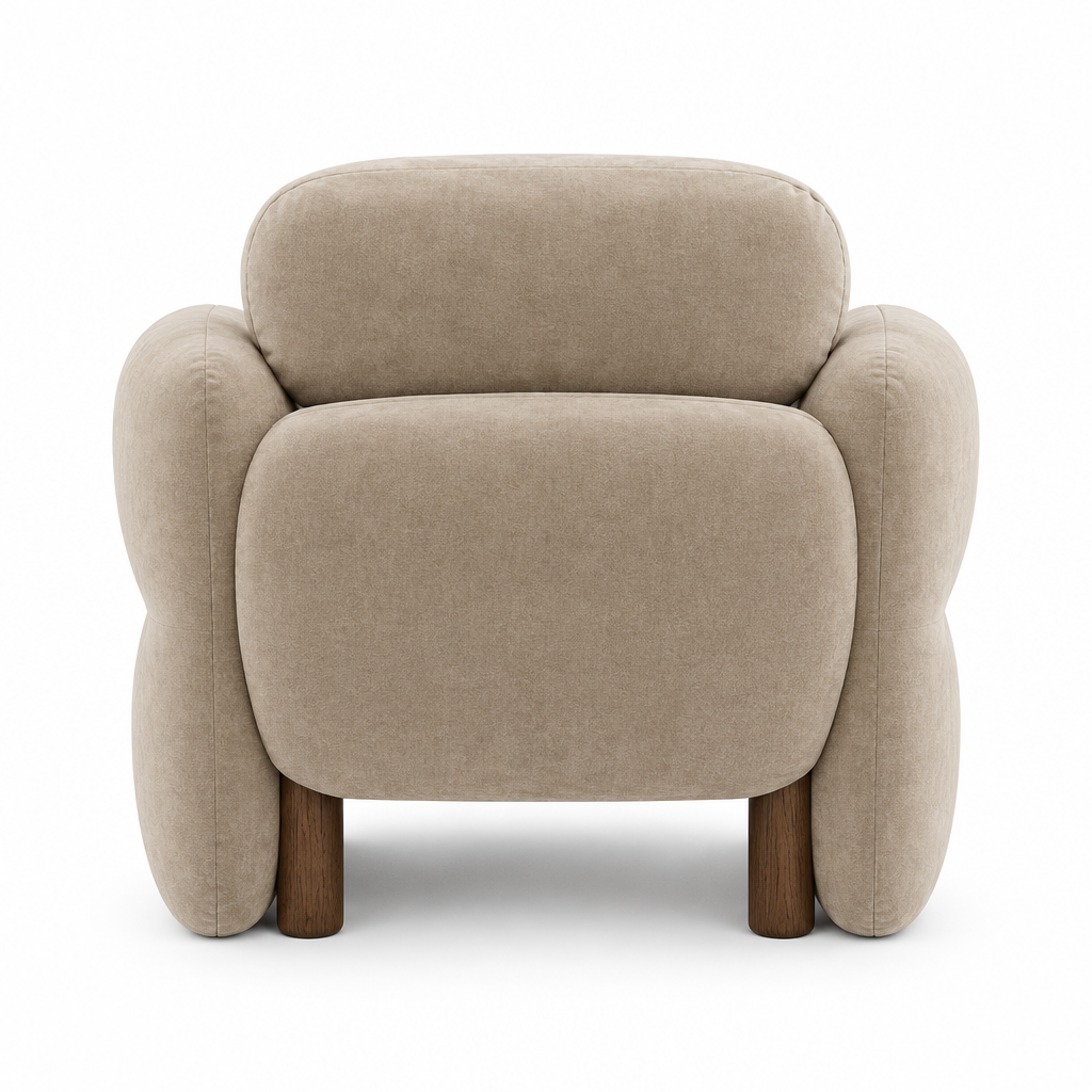 Soleil Rounded Velvet Arm Chair back view in oat on white