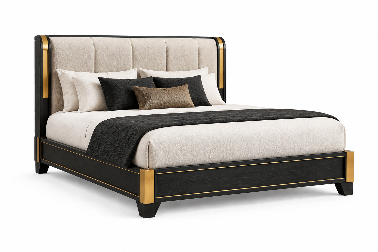 Three-quarter side view of the Savanna Majesty bed in black upholstery with gold accents on a white background