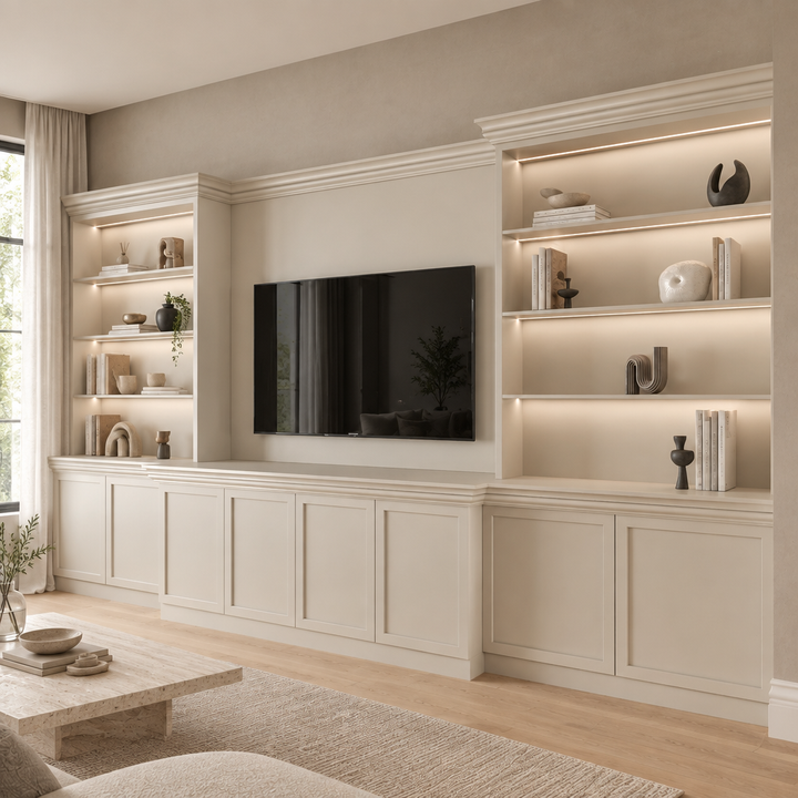Chelsea cream bespoke TV media wall in a neutral living room, angled view without screen branding