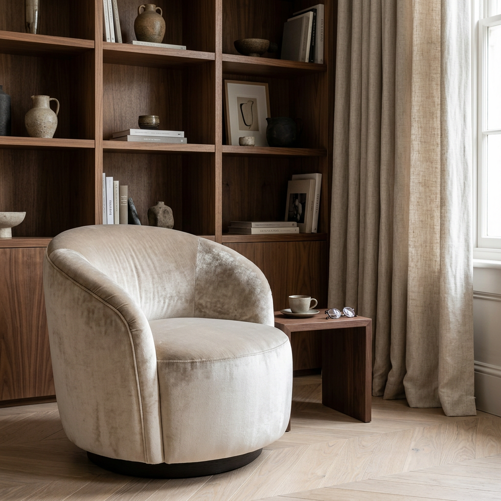 Orelle beige barrel armchair in a warm reading room beside walnut shelves