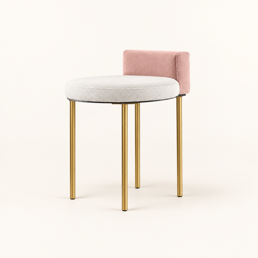 Cleo round accent chair with white upholstered seat, pink low backrest and gold-toned metal legs