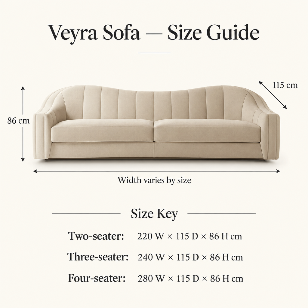 Veyra dimension guide for two-, three- and four-seater sizes