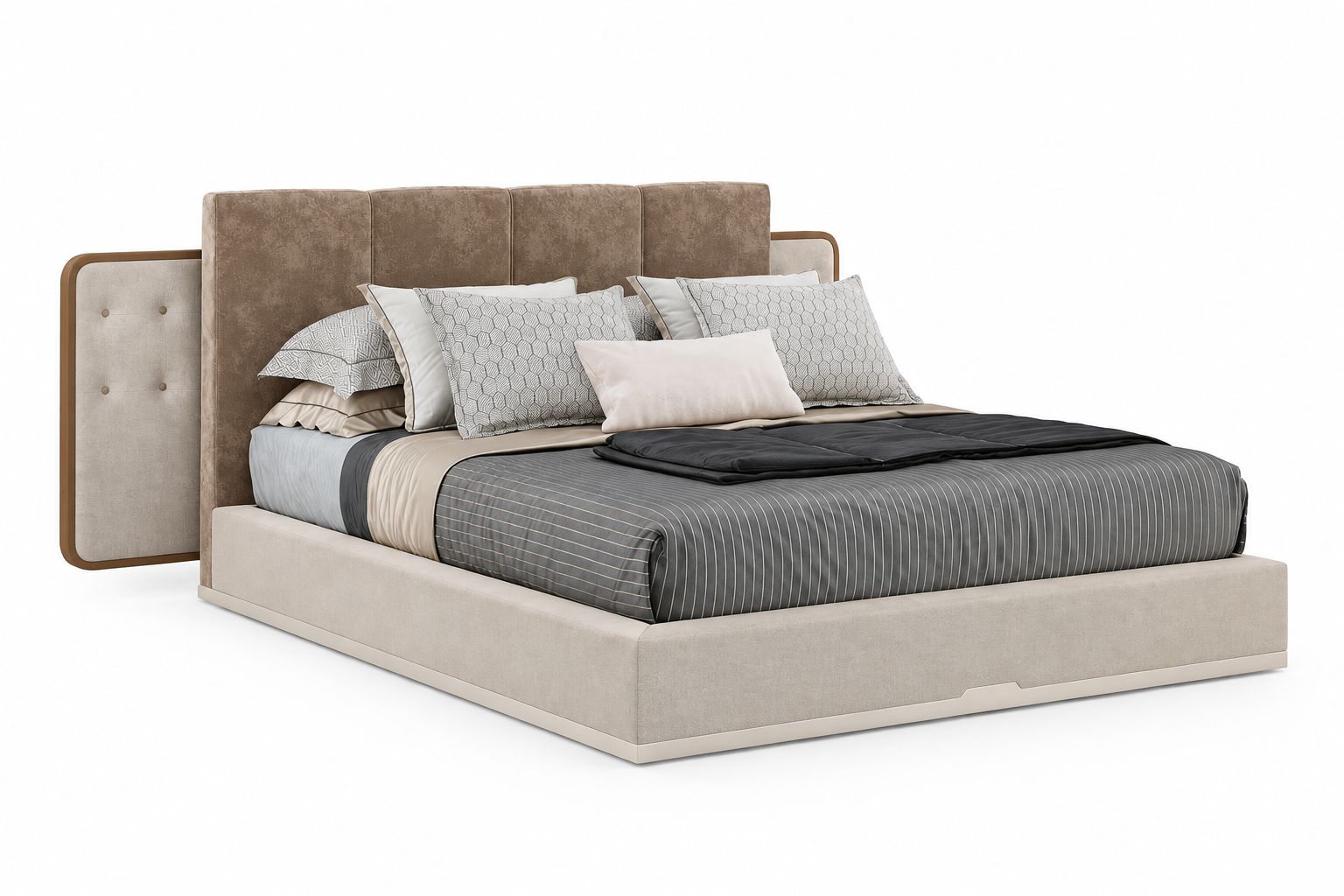 Lola upholstered bed in off-white and brown on a clean white background