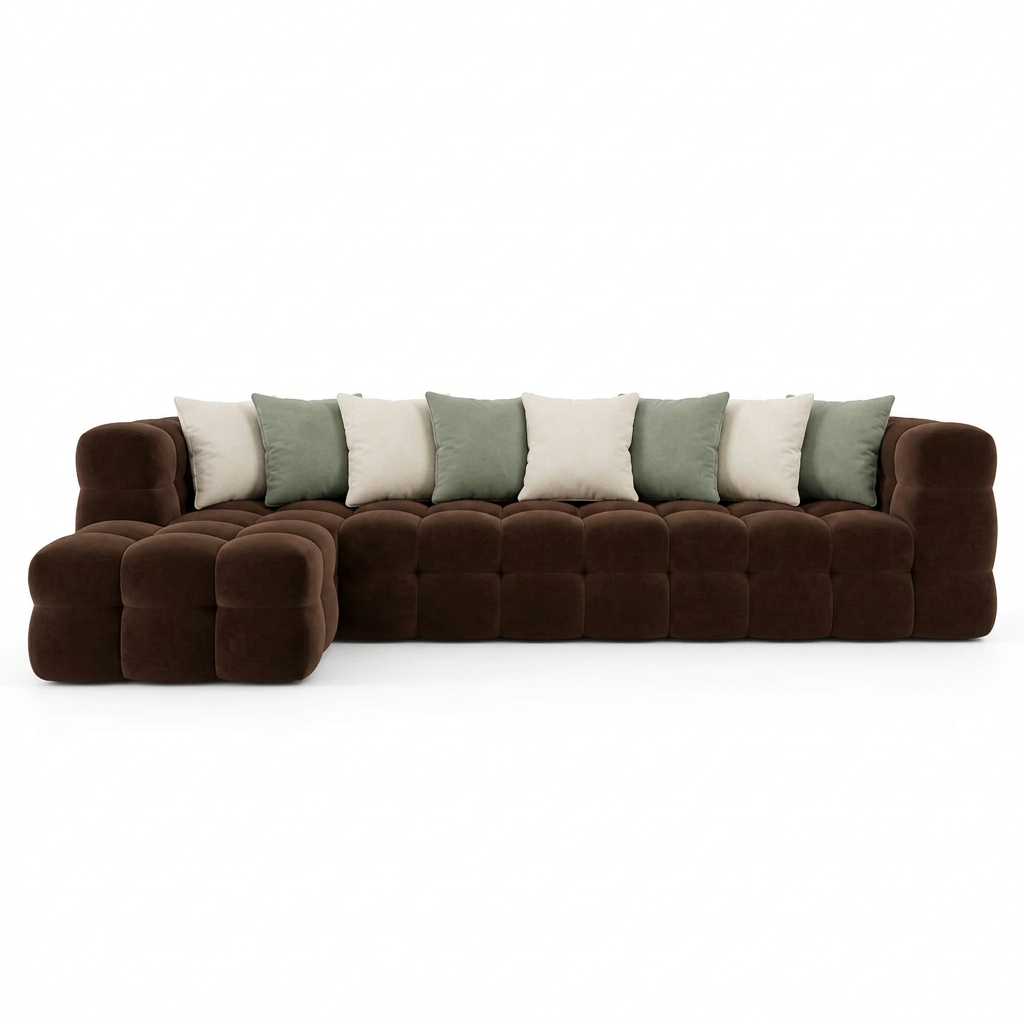 Mira brown velvet sofa angled view