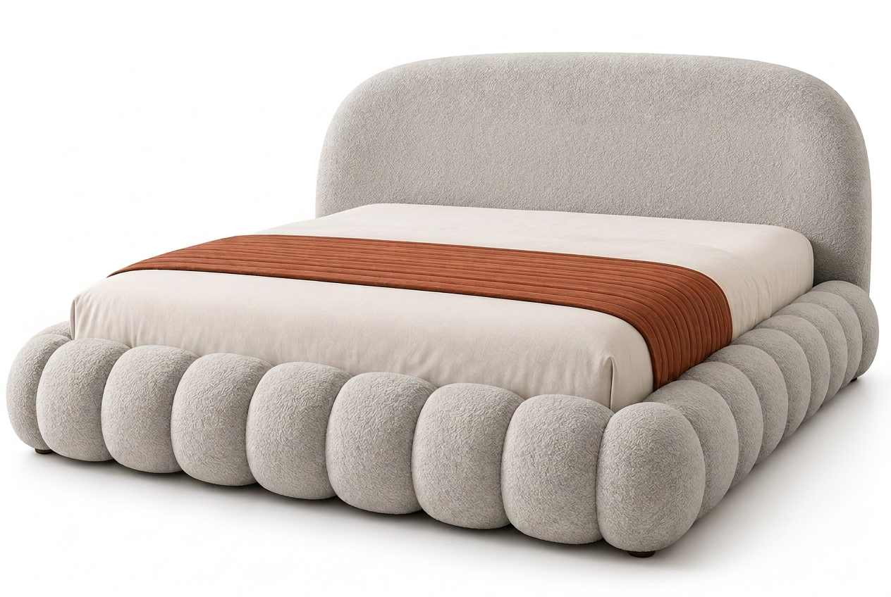 Mirea light grey boucle bed without pillows, showing the full curved headboard