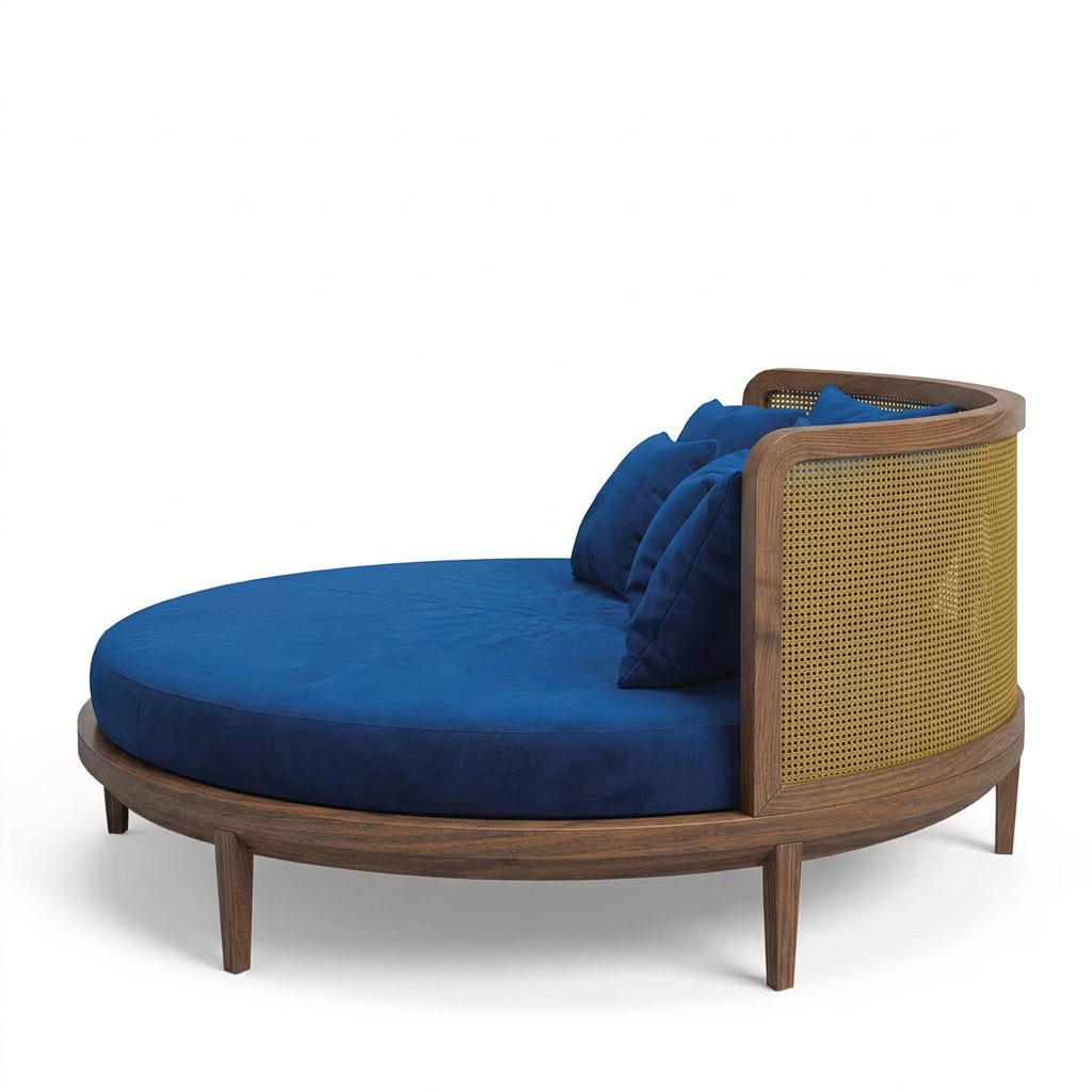 Orvello round wood bed, right side view on white
