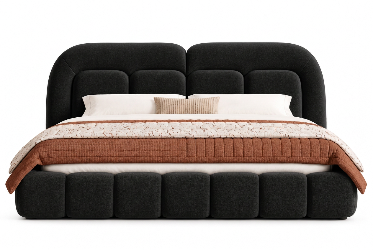 Velaro black upholstered bed, front view with refined fabric texture
