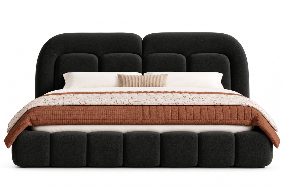 Velaro black upholstered bed, front view with refined fabric texture