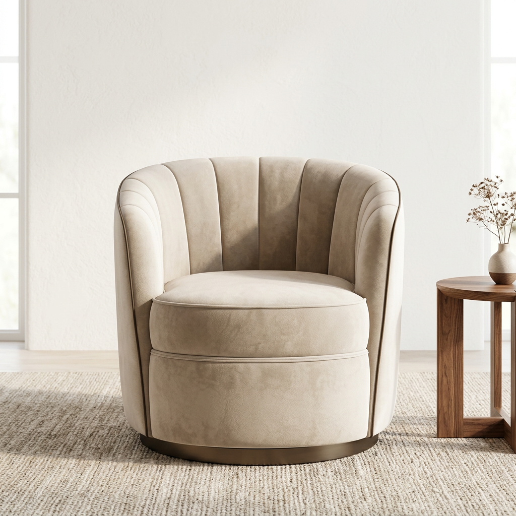 Calenne beige channel-back armchair front view in a bright living room