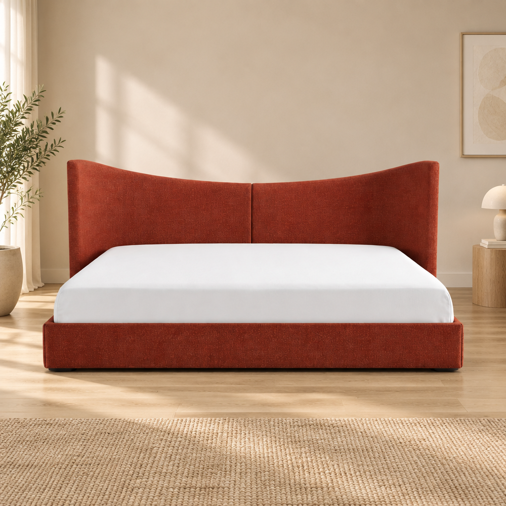 Wingback bed in a warm beige and wood interior