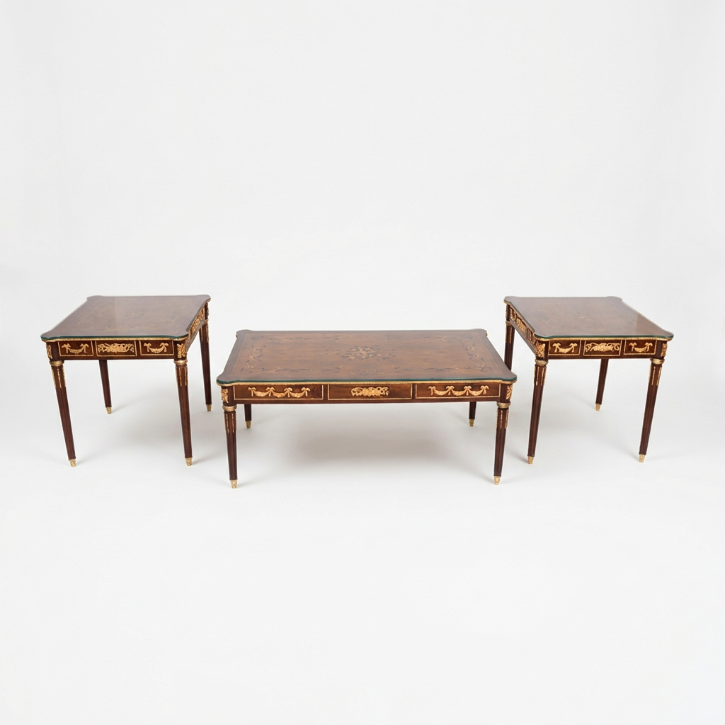 Neoclassical three-piece table set on white background