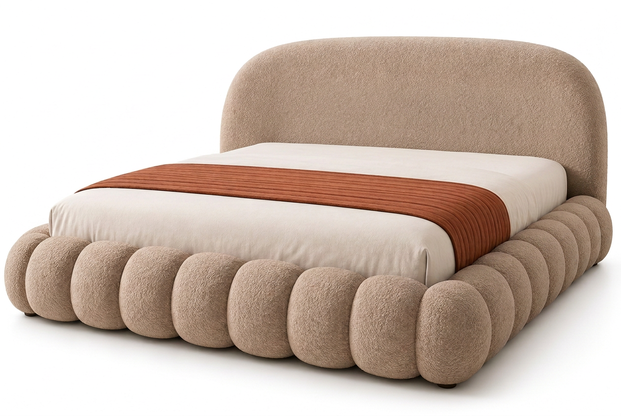 Mirea light brown boucle bed without pillows, showing the full curved headboard