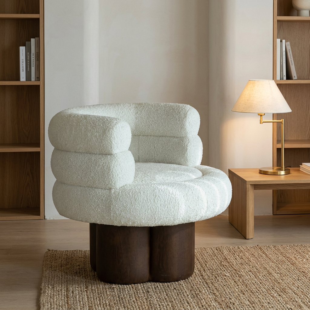 Avenelle ivory bouclé armchair styled in a warm reading room