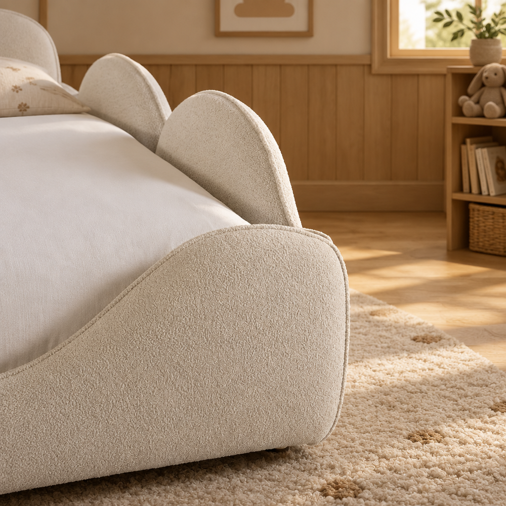 Marshmallow kids' bed from above in a warm beige room