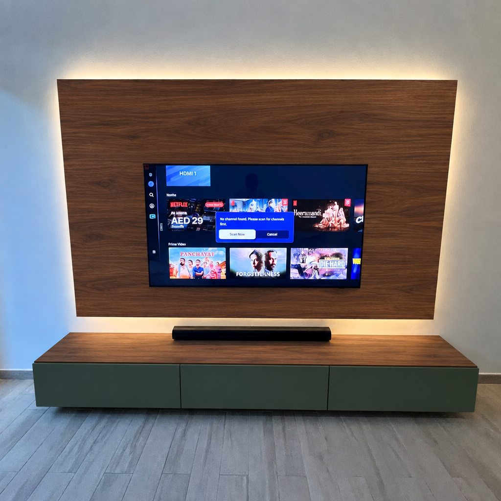 Brooklyn Bespoke TV Media Wall with walnut backing and forest green cabinets, front view