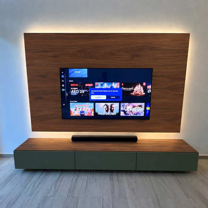 Brooklyn Bespoke TV Media Wall with walnut backing and forest green cabinets, front view