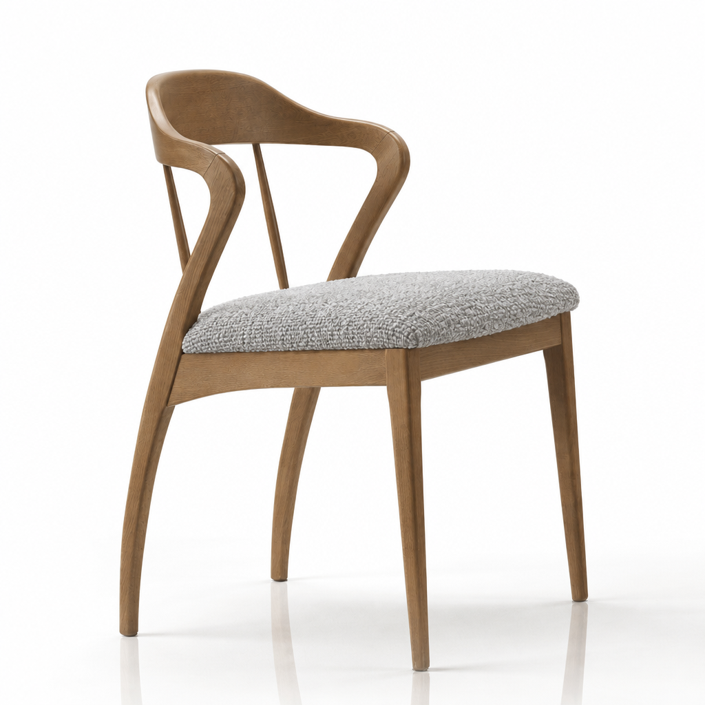 Aven chair with light gray bouclé seat, illustrative upholstery concept