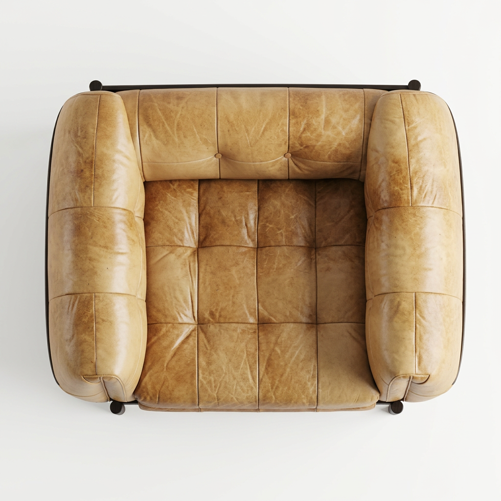 AI-reconstructed overhead view of Renwick tan tufted armchair on white